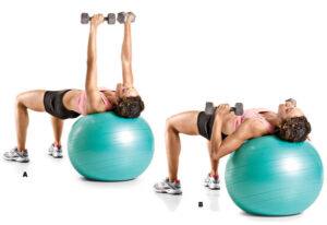 image of a woman doing dumbbells dumbbell chest press on the stability ball