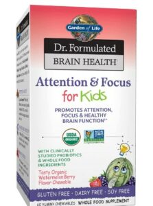 Garden of Life Dr. Formulated Attention and Focus for Kids, Supplement Promotes Healthy Brain Function, Concentration with Organic Wild Blueberry, Pine Bark, Vitamin C, D and Probiotics, 60 Count