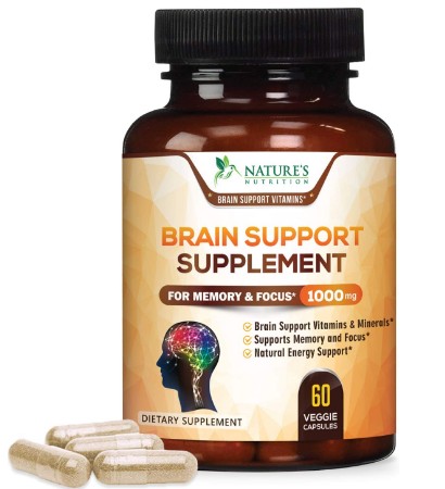 Nature's Nutrition Brain Support Supplement - Premium Nootropic Brain Support - Made in USA - Naturally Supports Focus and Clarity, Assists Concentration with Dmae, Bacopa Monnieri - 60 Capsules