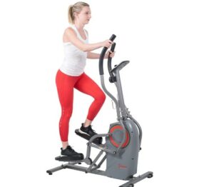 Sunny Health & Fitness Elliptical Cardio Climber Cross Trainer Machine with Stepping Motion ADVANCED MONITOR: Stay on track of your exercise sessions and measure Time, Speed, Distance, Calorie, Odometer. UNIQUE CLIMBING STRIDE: Extended vertical and horizontal stride length produces a fluid climbing motion aimed to engage your whole body. TOTAL BODY FITNESS: Get toned and burn calories with this full body home gym fitness elliptical machine. 8 LEVEL MAGNETIC RESISTANCE: