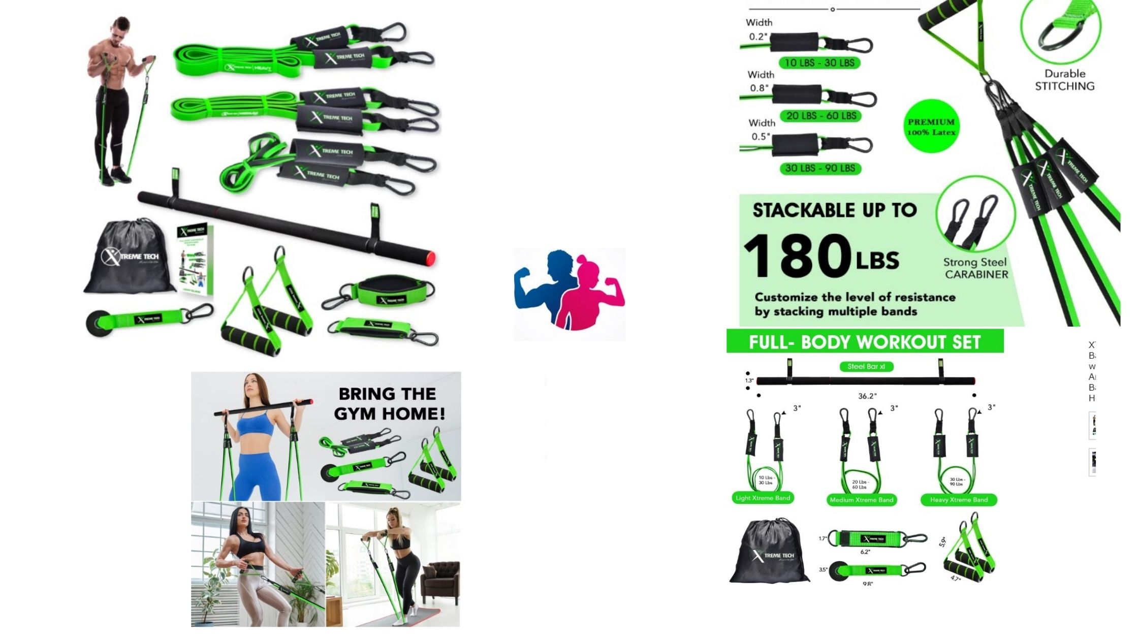 XTREME TECH Resistance Bands Set | Workout Bands Kit with Bar, Handles, Door Anchor, Ankle Straps, Carry Bag, Insert | Upto 180LBS for Heavy Exercise | Home Gym | Fitness Equipment for Men & Women